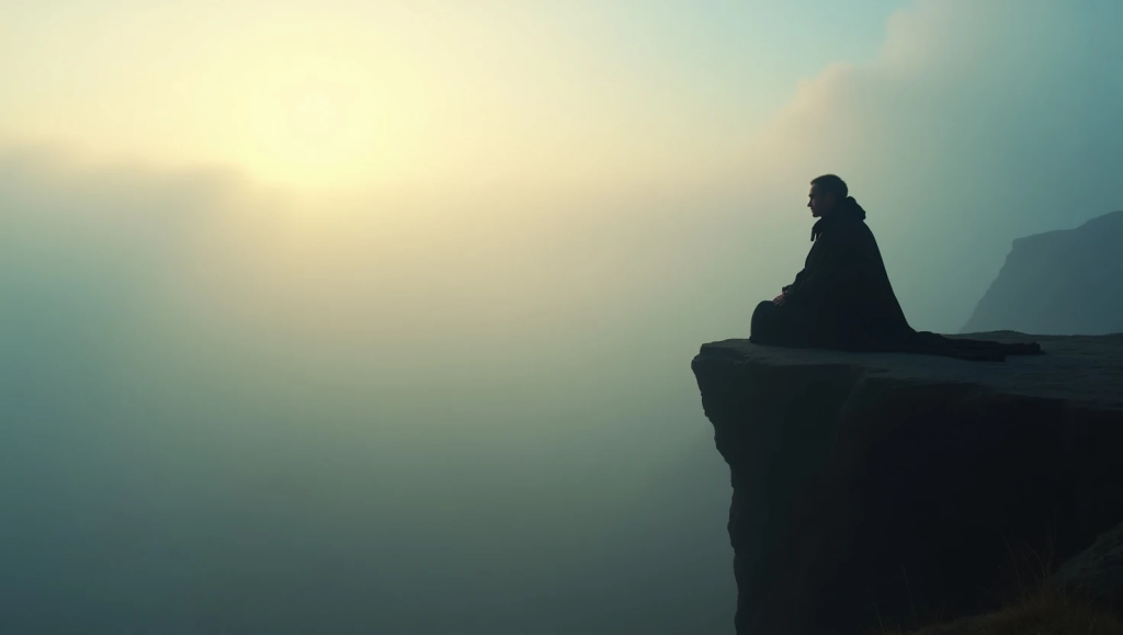 A lone figure sitting in stillness at the edge of a misty cliff at dawn, gazing over a quiet valley—an evocative scene symbolizing the power of silence.
